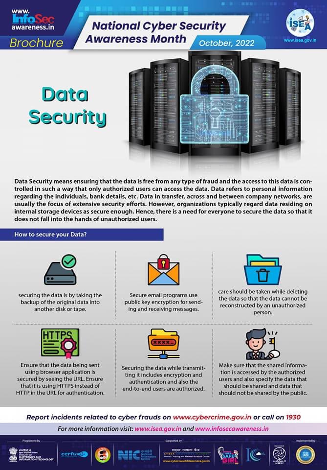 National Cyber Security Awareness Month #CyberSawaal Data Security 
<a href="/GoI_MeitY/">Ministry of Electronics & IT</a> <a href="/IndianCERT/">CERT-In</a> <a href="/NICMeity/">NIC</a> <a href="/MeitY_NICSI/">MeitY-NICSI</a> @PBNS_India <a href="/mygovindia/">MyGovIndia</a> <a href="/EduMinOfIndia/">Ministry of Education</a> <a href="/MinistryWCD/">Ministry of WCD</a>
<a href="/MoHFW_INDIA/">Ministry of Health</a> <a href="/FinMinIndia/">Ministry of Finance</a> <a href="/PMOIndia/">PMO India</a> <a href="/NPCI_NPCI/">NPCI</a> <a href="/NPCI_BHIM/">BHIM</a> <a href="/UPI_NPCI/">UPI</a> <a href="/Cyberdost/">CyberDost I4C</a> #NCSAM