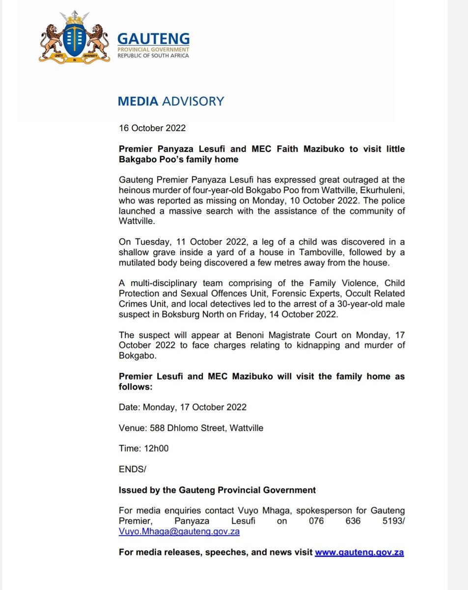 GP_CommSafety's tweet photo. Premier @Lesufi and MEC @FaithMazibukoSA, will this afternoon, visit the little Bokgabo Poo's family home in Wattville. #GPCares https://t.co/eia77KBXm1