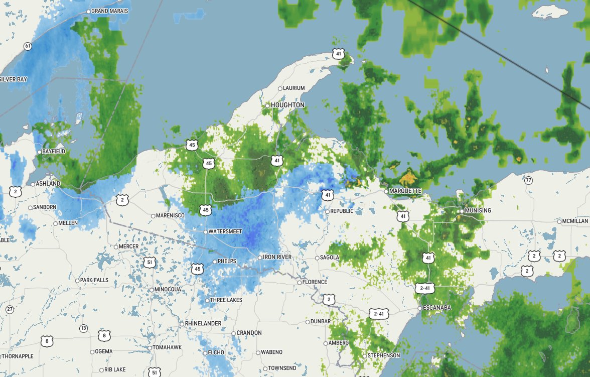 breakingweather's tweet photo. In the Upper Peninsula, rain has changed to snow in many areas, with accumulation already being reported. Over a foot of snow could fall in some spots this week. Track the rain and snow here: https://t.co/Jc6r8kpF7L https://t.co/SKzhjAjp4W