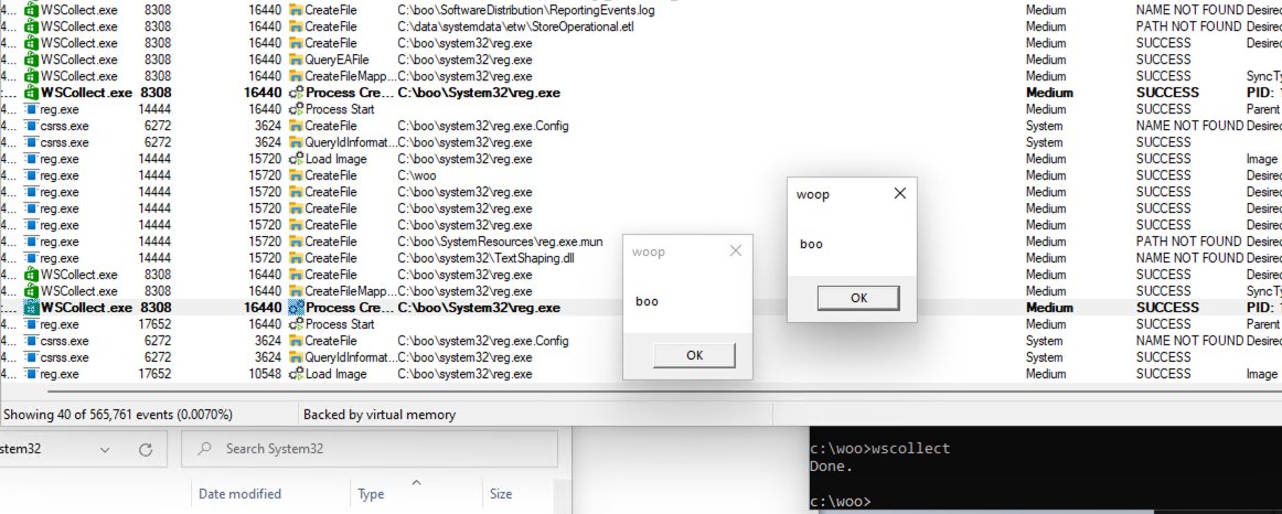 another way to run your exe with an MS-signed #lolbin: wscollect &amp; not-really-reg.exe

set windir=C:\whatever and name your payload reg. make sure to have a mutex or some other way of handling multiple instances as %windir%\system32\reg.exe will likely be executed more than once.