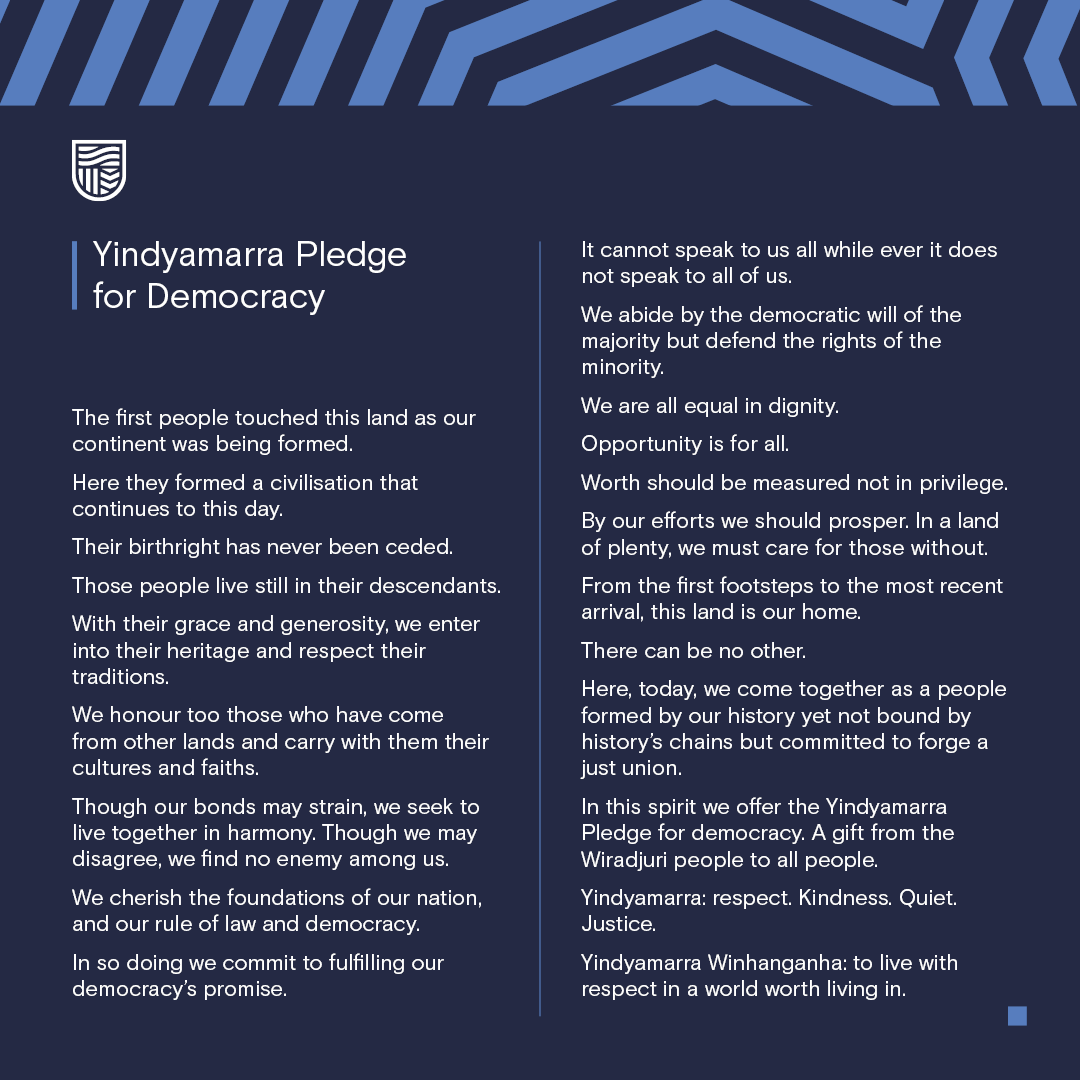 Today #CharlesSturtUni, through Professor of First Nations Belonging Stan Grant Jr, invited all Australians to take the Yindyamarra Pledge for Democracy.

You can take the Yindyamarra Pledge for Democracy today by retweeting this tweet. 

Learn more in the comments ⬇️