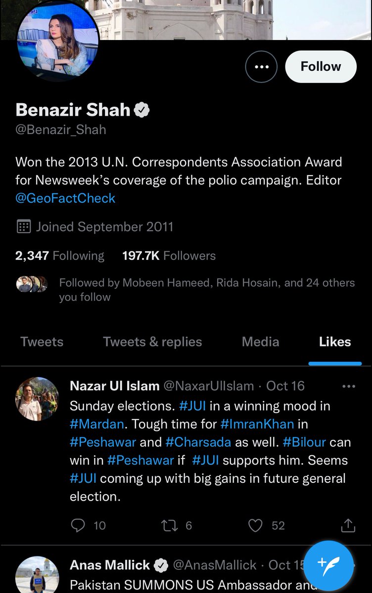 Champion feminist @Benazir_Shah Not sure what’s funnier, her liking the prospect of a right wing extremist party led by a misogynist like Fazlur Rehman winning elections against a social Democratic Party like PTI or the fact that she actually thought this would happen