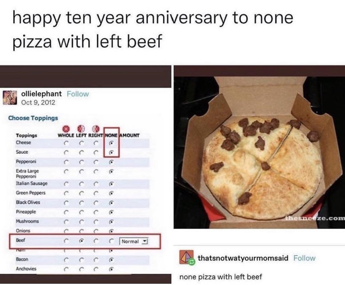 Coach_Tae_'s tweet photo. None pizza with left beef has me laughing randomly throughout the day, now https://t.co/0ml8gzb3S2