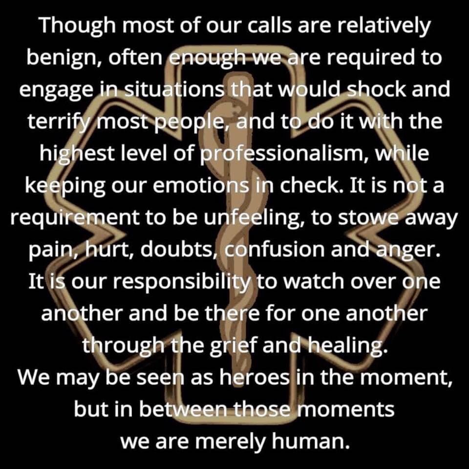 GingerShine2's tweet photo. First responder suicide is at an unprecedented rate in this country. There is a saying in EMS: never ask a provider what is the worst thing they have seen, to you it’s a cool story; to them it’s reliving one of their worst calls. #itsokaytonotbeokay https://t.co/oJ0orELWz8