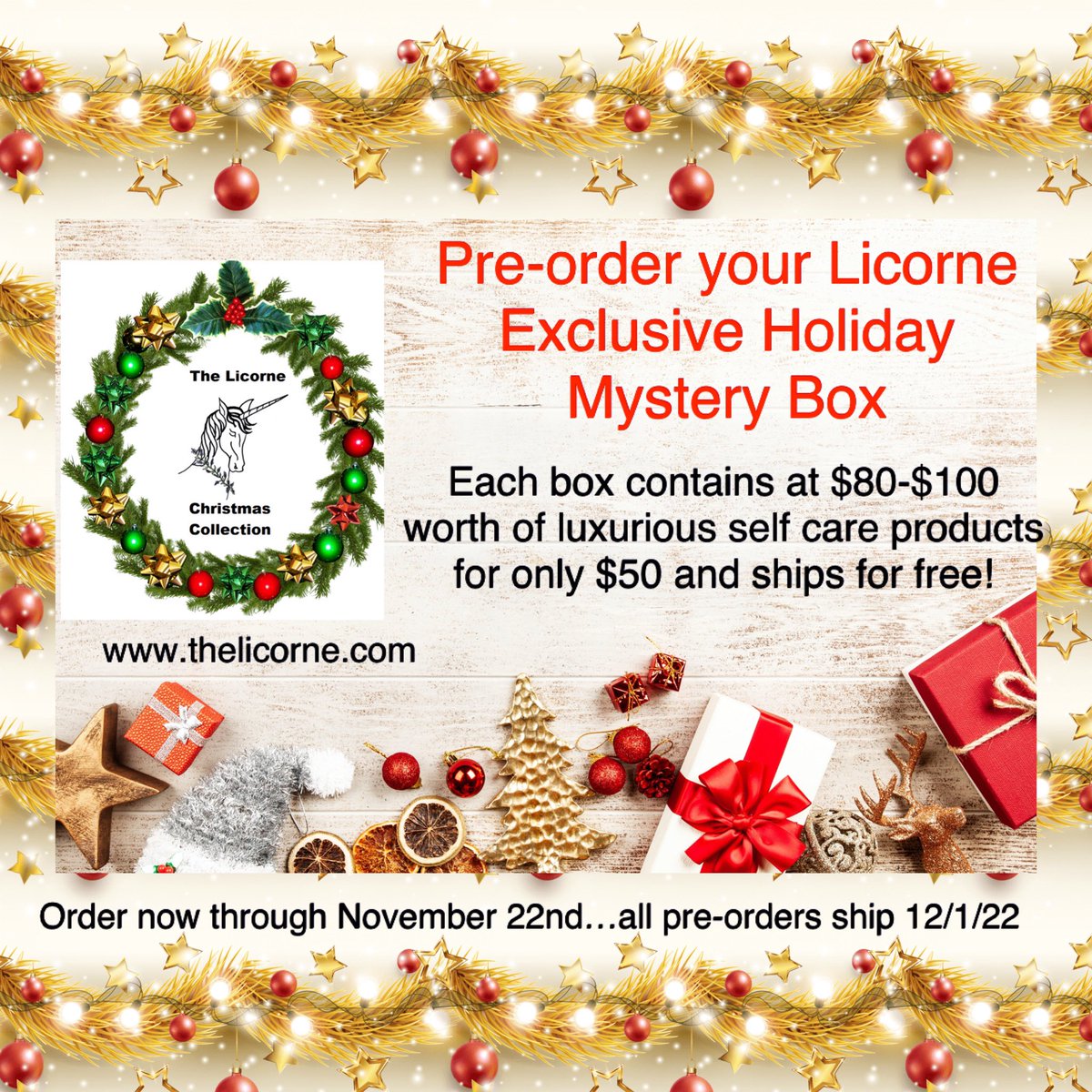 It’s never too early to start your Christmas/holiday shopping.  This awesome mystery box is only $50 and contains $80 - $100 in Licorne self care products.  Visit thelicorne.com