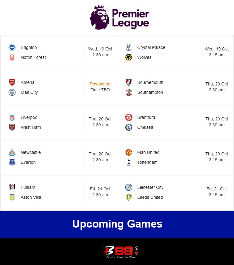 B88_Official's tweet photo. Premier League Upcoming Games!⚽️
Many exciting games are around the corner!
Which is your favorite team?
Support your team at B88 now!
👉https://t.co/F7DrDyes4J
#B88 #OnlineCasinoSingapore #PremeirLeague #Sportsbook #SportsBetting #OnlineBetting #EPL #Football #Soccer https://t.co/jWvuCkLazj