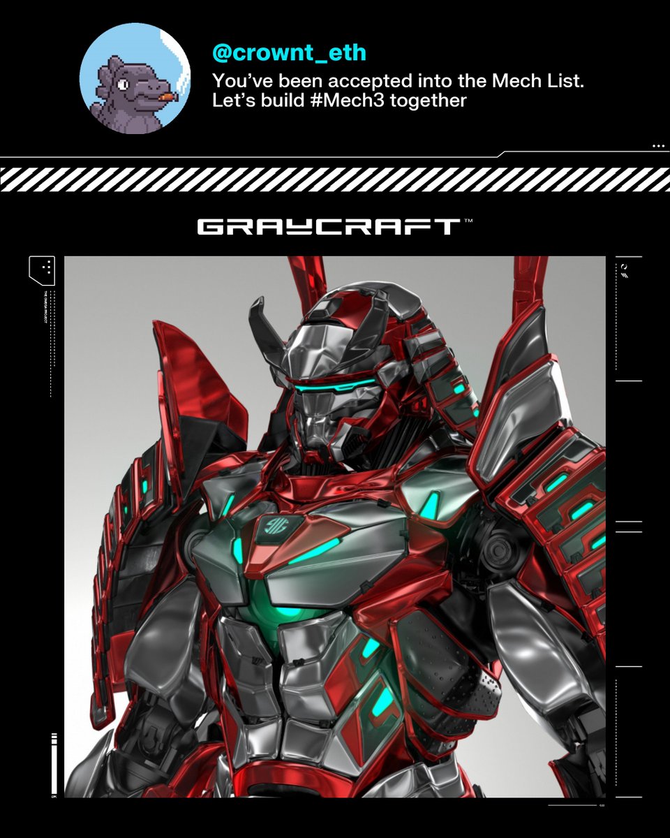 graycraftbot's tweet photo. Congratulations crownt_eth! You've been accepted into the Mech List.
We've given you powers to nominate valuable members into the GCU. Generate your referral code here: https://t.co/khQFkyX17H
Here's the Omega you chose for your first mission.
Let's build Mech3 together. https://t.co/FDZypHbRJW