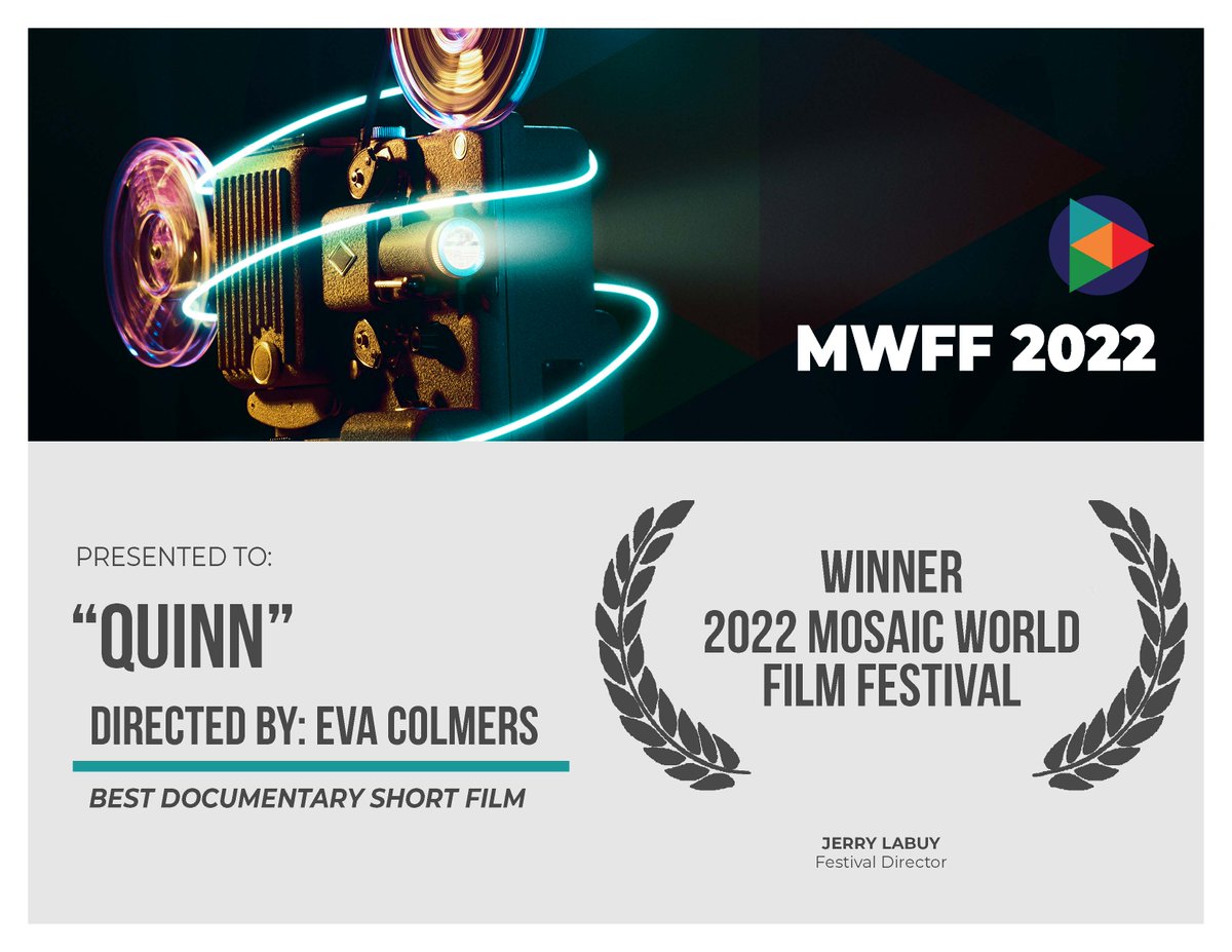 Thank you <a href="/MosaicFilmFest/">Mosaic World Film Festival</a>! We loved showing our doc @QUINN to your audience and are thrilled by the Award for Best Documentary Short Film.