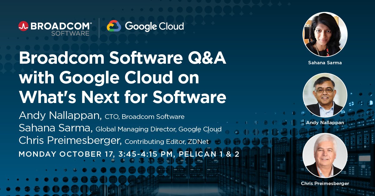 SatbeerSK's tweet photo. Attending Gartner
IT Symposium/Xpo 2022?

Join us for a Broadcom Software: Q&amp;A with Google Cloud
on What's Next for Software, as the enterprise software landscape is growing more complex and business-critical daily. 

#GartnerSYM https://t.co/ncSkhDhtqu