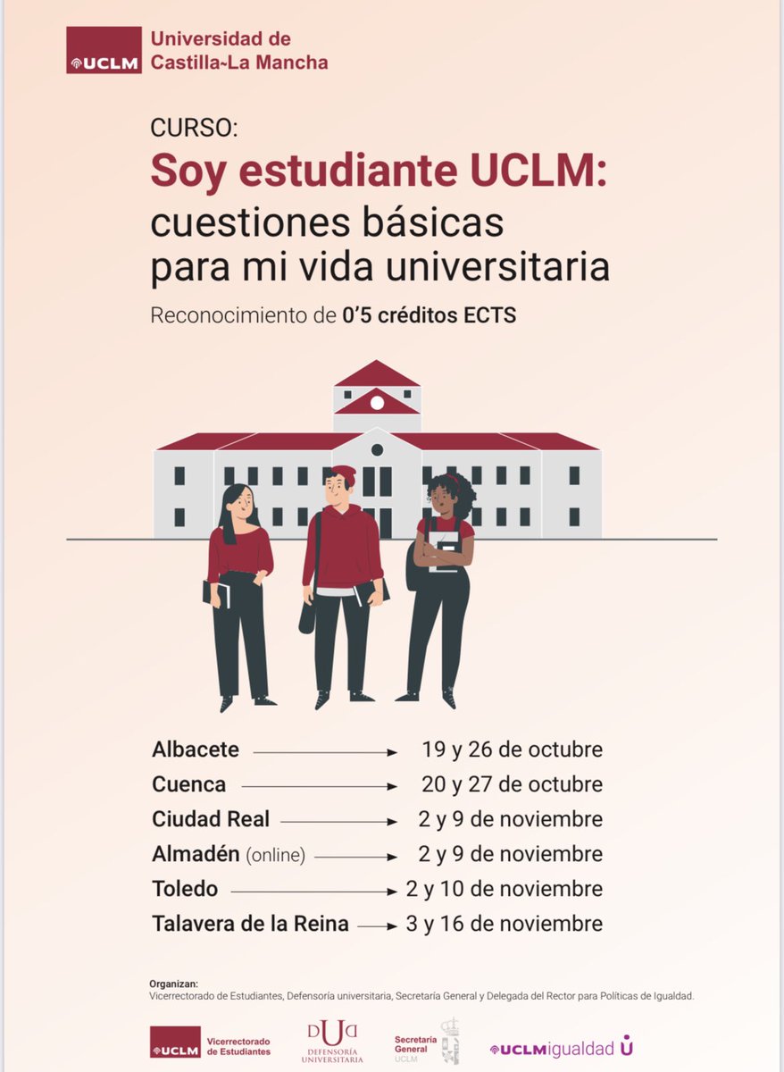 VEstudianteUCLM's tweet photo. Apúntate al Curso "Soy Estudiante de la UCLM: Cuestiones básicas para mi vida universitaria" q se desarrollará esta semana y la próxima en:
@CampusAlbacete 19 y 26 de oct.
Código 200 📌F.Educación
@campuscu 20 y 27 oct. C. 189 📌Melchor Cano
https://t.co/kMXtYbWGNA
¡Te esperamos! https://t.co/fsw9ZjbZqq