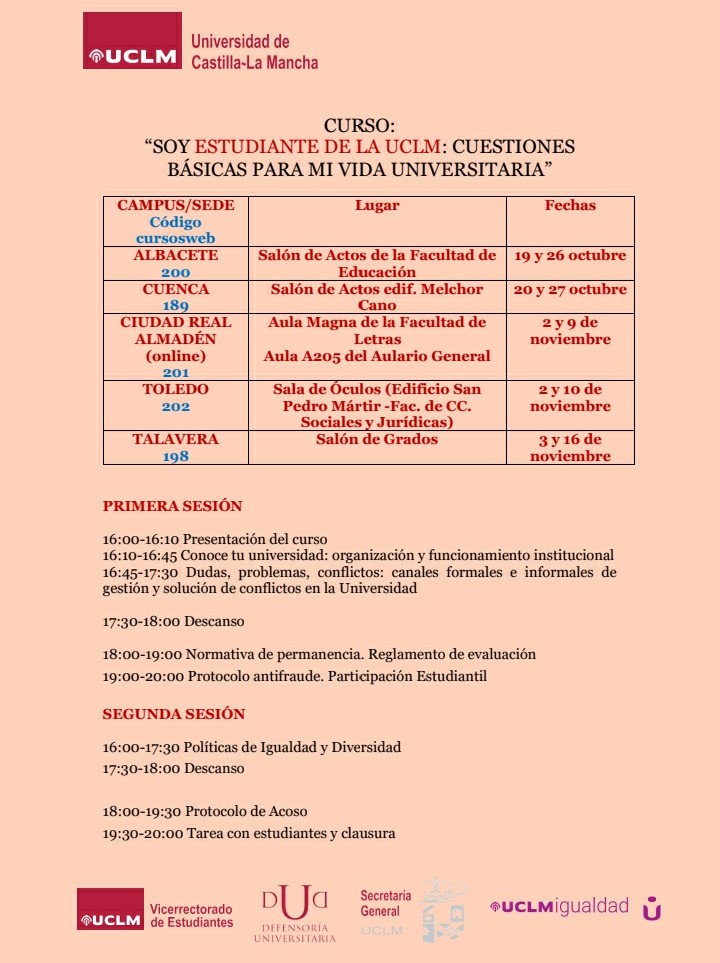 VEstudianteUCLM's tweet photo. Apúntate al Curso "Soy Estudiante de la UCLM: Cuestiones básicas para mi vida universitaria" q se desarrollará esta semana y la próxima en:
@CampusAlbacete 19 y 26 de oct.
Código 200 📌F.Educación
@campuscu 20 y 27 oct. C. 189 📌Melchor Cano
https://t.co/kMXtYbWGNA
¡Te esperamos! https://t.co/fsw9ZjbZqq