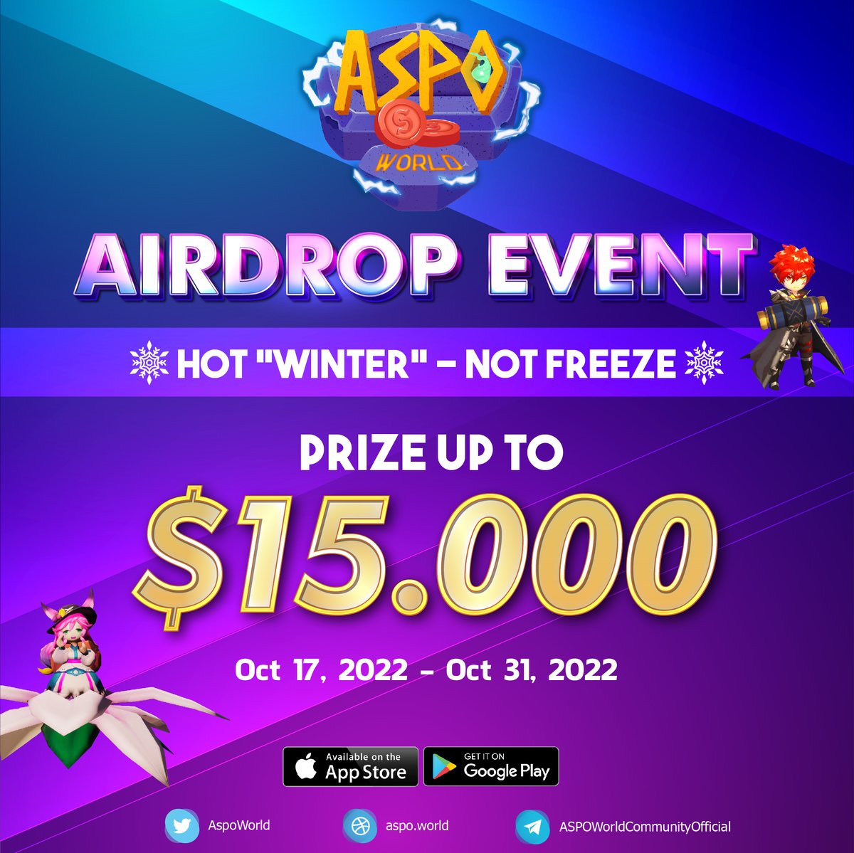 📢  JOIN NOW #ASPOWORLD $15,000 #AIRDROP 

To celebrate the on-store event, we are here to dedicate a special Airdrop event!

👉Prize pool: up to $15,000
👉For: 500 Leaderboard + 7000 Lucky winners
👉 Airdrop tasks: givelab.com/aspoworld/aird…
