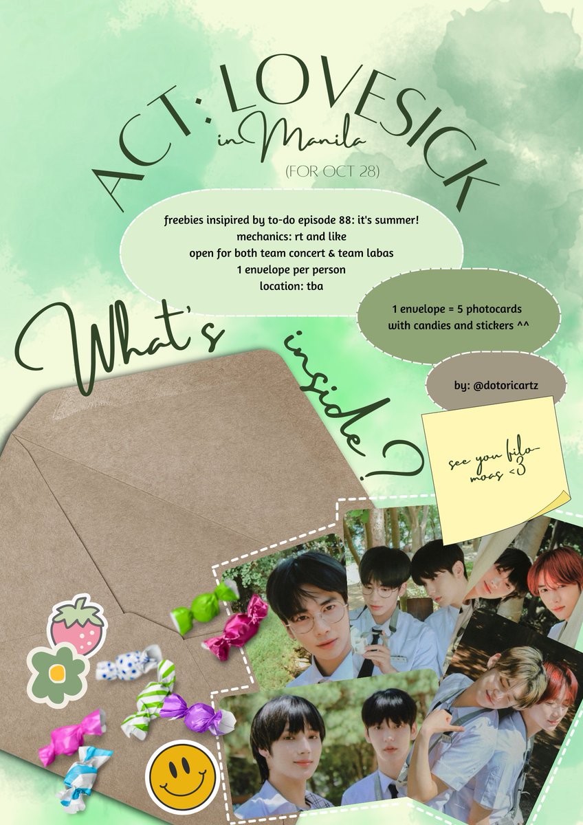 dotoricartz's tweet image. ╭──────༺♡༻──────╮
          act: lovesick in mnl
╰──────༺♡༻──────╯
hello ph moas! i'll be handing out some to-do episode 88 inspired freebies on the 28th, see you there! &amp;lt;3

#ACTLOVESICKinMANILA #TXTinMANILA #MOAsInMOA #ACT_LOVE_SICK