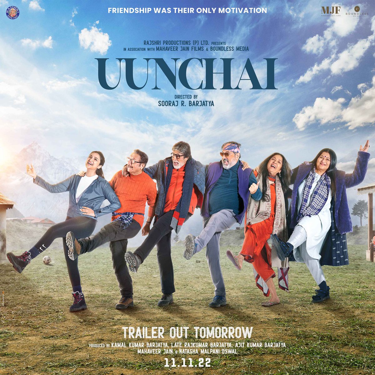 rajshri's tweet photo. We proudly present our mega star cast. Here we come. Trailer Out Tomorrow!
Make way for #Uunchai on 11.11.22 

#75YearsOfRajshri | #SoorajBarjatya | @SrBachchan | @AnupamPKher | @bomanirani | @Neenagupta001 | #Sarika | @ParineetiChopra | #MahaveerJain | https://t.co/YqyoaWIk3L