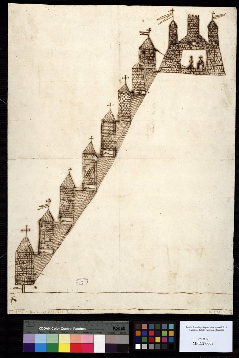 BurriezaMateos's tweet photo. #TalDíaComoHoy de 1561 Juanelo #Turriano presenta el diseño de un ingenio para subir agua del rio Tajo al Alcazar de Toledo y proveer a la ciudad.También conocido como relojero de #CarlosV (it. Giovanni Turriano, ca.1505-1585) Archivo de #Simancas #Historia #Ingeniería https://t.co/0ZQUxkalqq