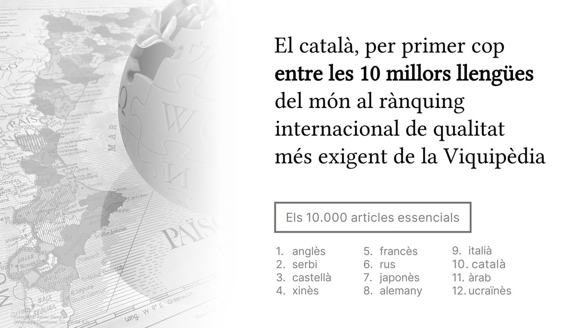📢🎖️ ATENCIÓ
Nova fita històrica per a la Viquipèdia en català!

Per primera vegada, la versió en català es situa entre les 10 millors llengües del món en el rànquing de qualitat dels 10.000 articles essencials, el més complex quant a completesa entre edicions idiomàtiques.