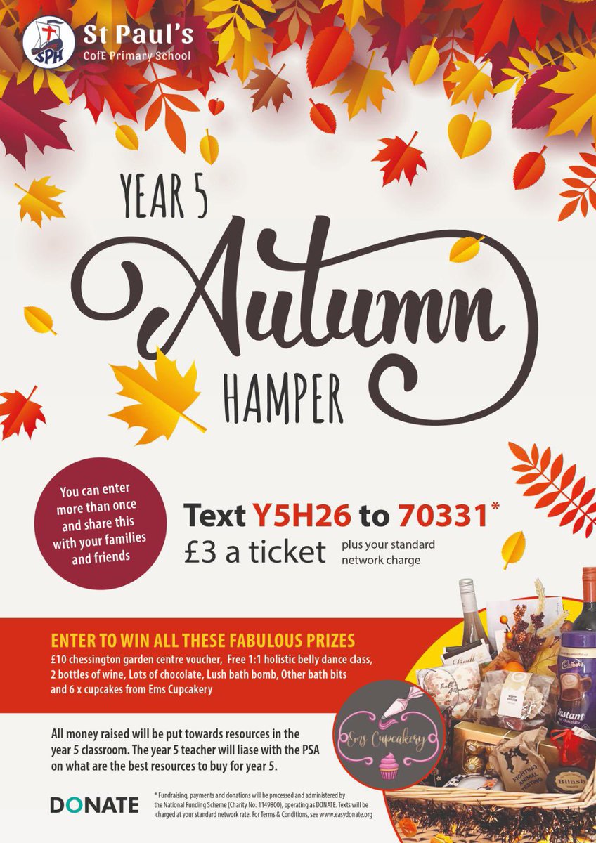 Tickets for our Autumn Hamper now on sale - see details in the attached poster of how to purchase your tickets. The winner will be drawn on Friday 21st. Thank you to our Year 5 class for a fabulous first hamper of the year!