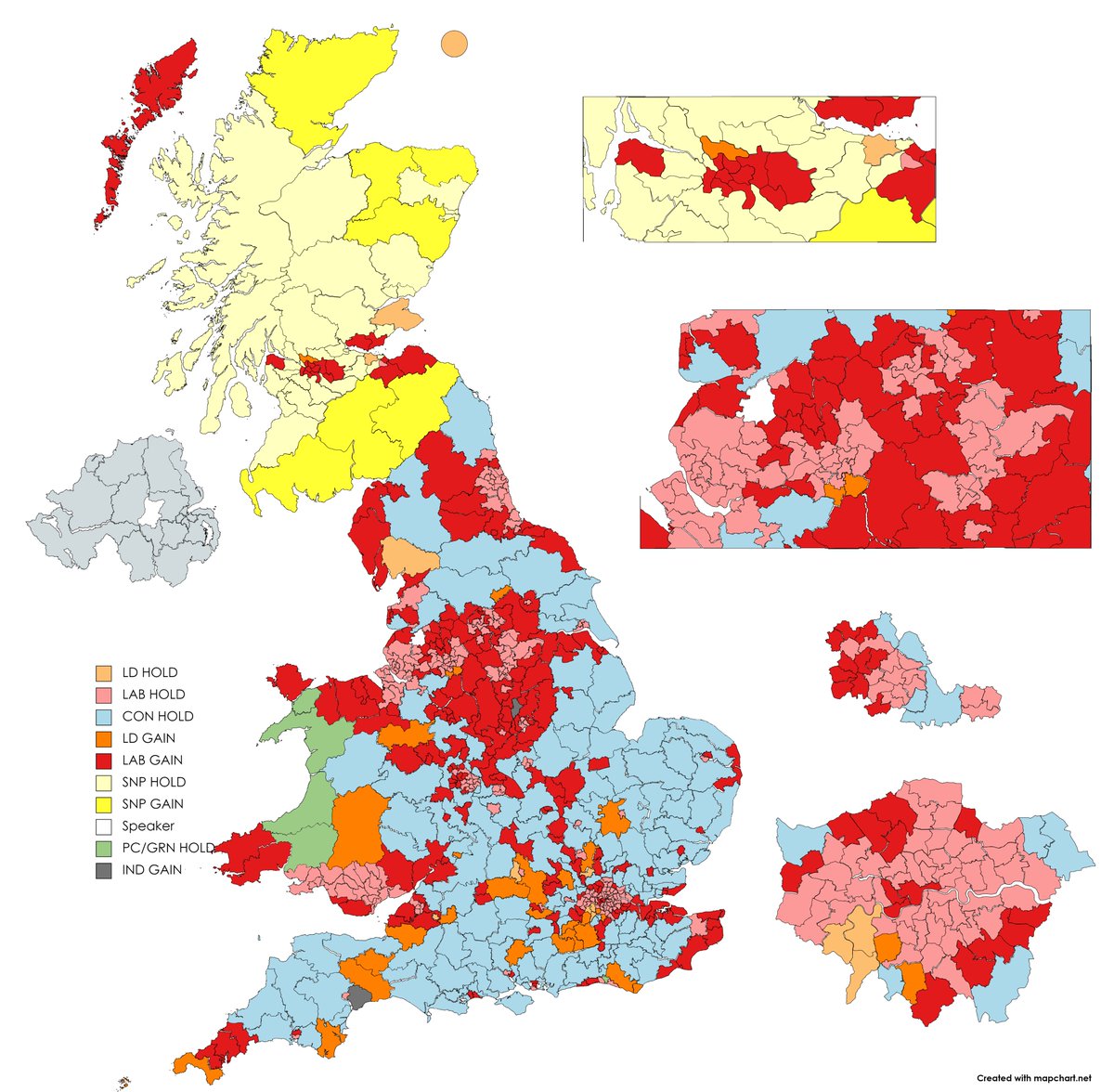 From the <a href="/OpiniumResearch/">Opinium</a> MRP seat projection I've produced a map that would line up with it:

LAB 411 (+209)
CON 137 (-228)
LD 39 (+28)
SNP 37 (-11)
PC 4 (-)
IND 2 (+2)
GRN 1 (-)

Changes with GE 2019
Inds winning in East Devon and Ashfield and a huge rebuilt red wall.