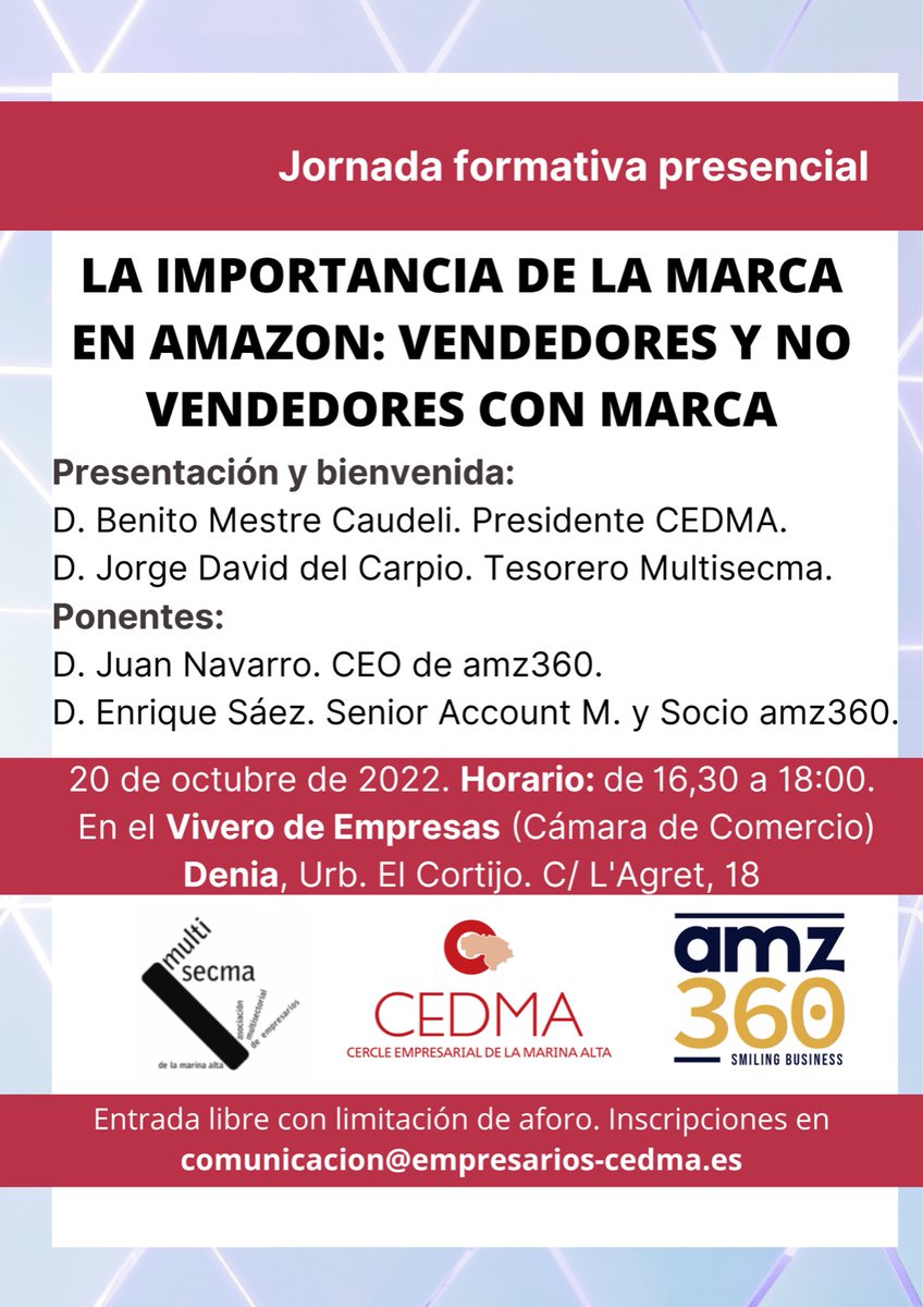 amz360_amazon's tweet photo. Este jueves 20 de octubre estaremos en la Cámara de comercio de Denia realizando una jornada formativa sobre la importancia de tu marca en Amazon, ¡no te la pierdas! ✍️🔝

#consultoriaamazon#formacionamazon#Amazon#amz360 https://t.co/aKpTz1abR7