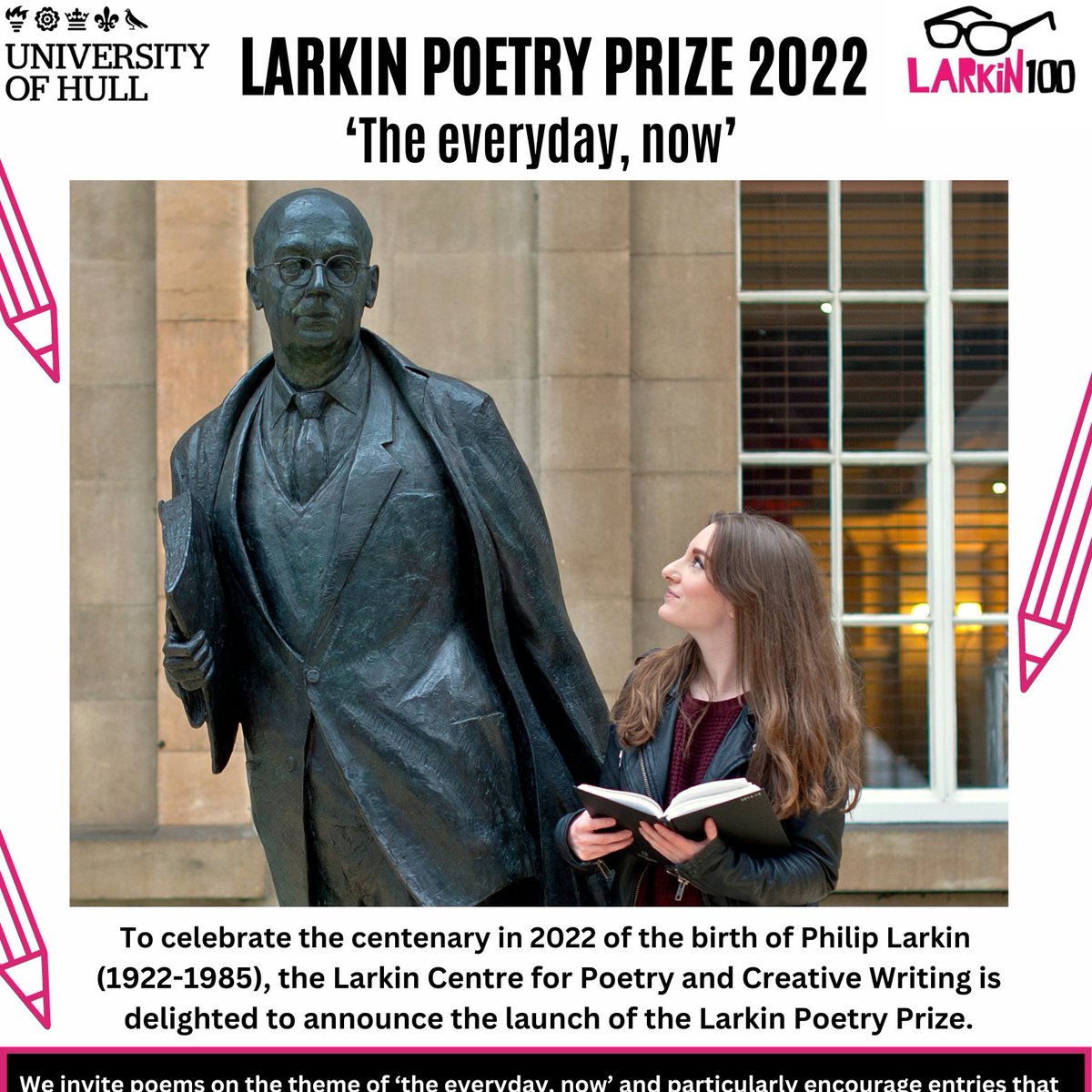 Uni Of Hull SCE (@uniofhullscls) on Twitter photo Do you know a young person interested in poetry?
<a href="/LarkinCentre/">Larkin Centre Hull</a> have launched the LARKIN POETRY PRIZE 2022
'The everyday, now’ for those aged 16-30!
Rules and competition info: hull.ac.uk/special/larkin…
To enter email submissions to larkincentre@hull.ac.uk Do you know a young person interested in poetry?
<a href="/LarkinCentre/">Larkin Centre Hull</a> have launched the LARKIN POETRY PRIZE 2022
'The everyday, now’ for those aged 16-30!
Rules and competition info: hull.ac.uk/special/larkin…
To enter email submissions to larkincentre@hull.ac.uk