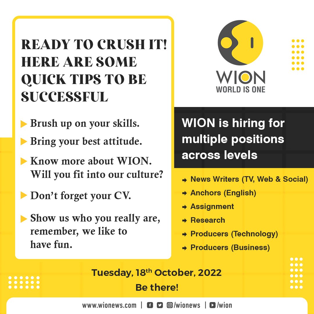 WIONews's tweet photo. This is the final bell!
The suitable applicants will receive interview details today via e-mail.
Here are few quick tips to be successful for WION's exclusive one-day hiring event WION (World Is One News)
Be there!
#wion #zmcl #zeemedia #hiring #jobsatwion #media #mediajobs https://t.co/MHCFBVyMZy