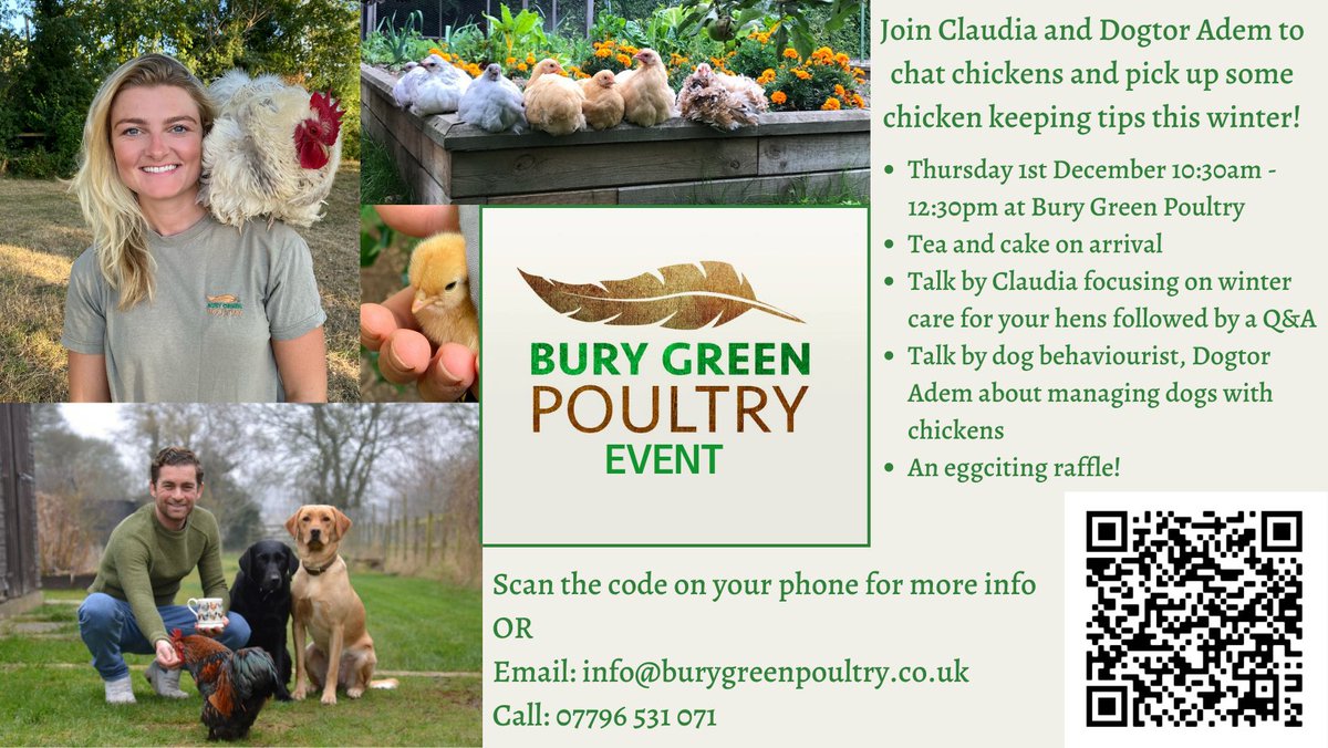 Join me for <a href="/BGPoultry/">Bury Green Poultry</a> 's FIRST event on 1st December to chat chickens &amp; pick up some winter care tips &amp; Avian Flu advice. Dogtor Adem will also be giving a talk on managing dogs with chickens. Get your tickets here: eventbrite.co.uk/e/chicken-keep…