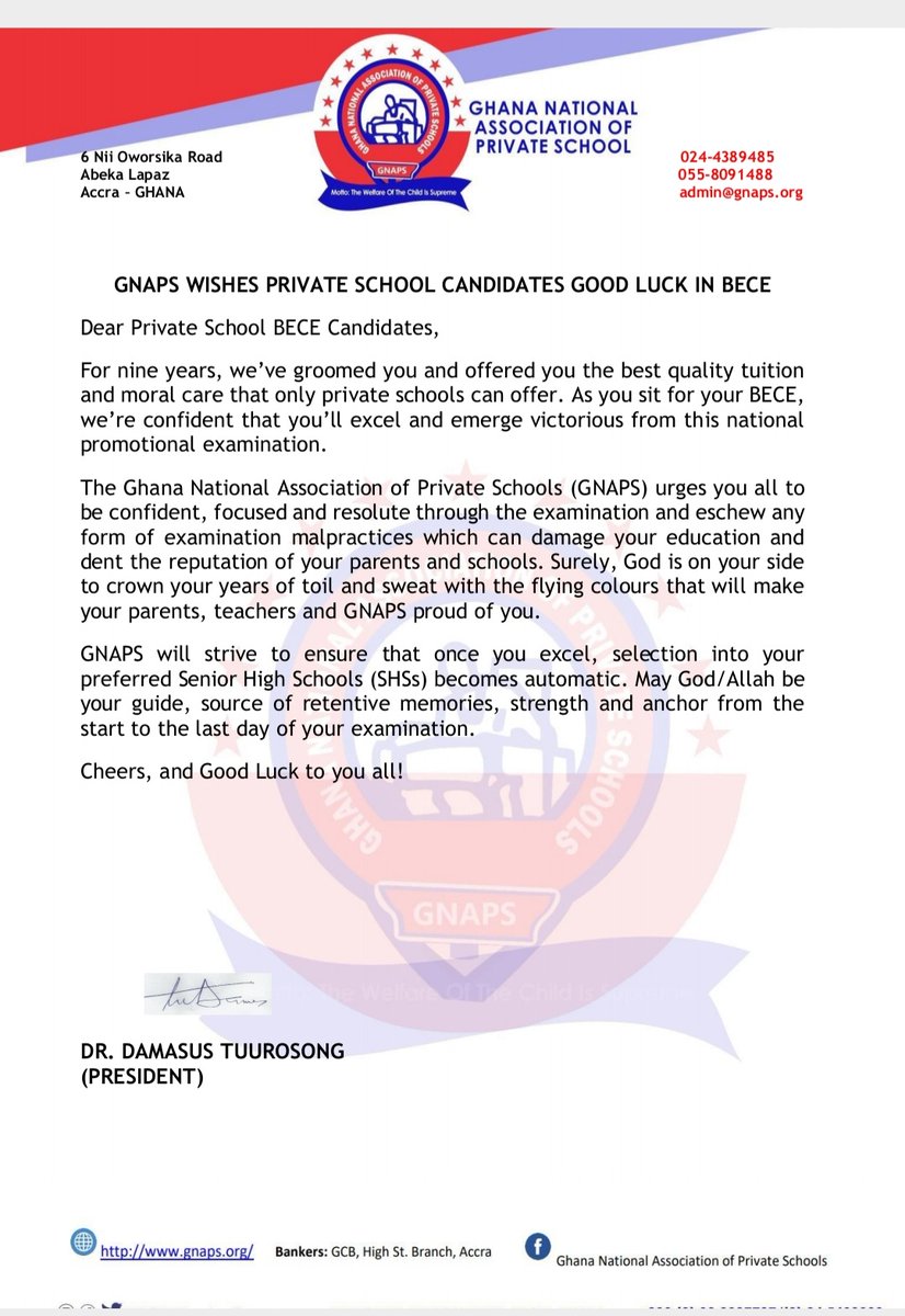 GnapsGh's tweet photo. GNAPS WISHES PRIVATE SCHOOL CANDIDATES GOOD LUCK IN BECE
Dear Private School BECE Candidates,
For nine years, we’ve groomed you and offered you the best quality tuition and moral care that only private schools can offer.
1/5
#BECE #Privateschools #Eduwatch #GNAPS #Risingschools https://t.co/nwYp1uNTu6