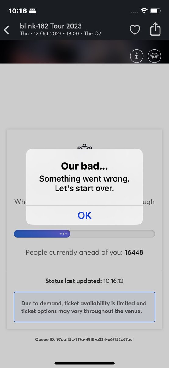 DanSTTweets's tweet photo. @Ticketmaster Waiting in the web queue for 44 mins after getting bumped off the queue on app to find no tickets! Winning….but it’s okay. They acknowledge the app debacle with an ‘our bad’ https://t.co/89EugaLlu1