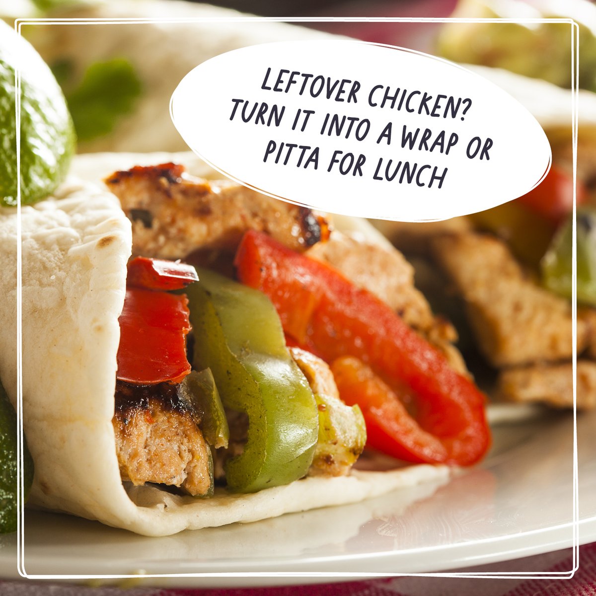 FoodSavvySfk's tweet photo. Get #BackToSavvy and turn leftover chicken into a quick and easy lunch. Pop your chicken into a pitta or wrap 🌯 with any lettuce leaves, the odd tomato🍅, or a spring onion or two. 

Let us know your cheeky chicken recipes in the comments below 👇

https://t.co/fJy3EeaGaW https://t.co/PnPBC0C0gr