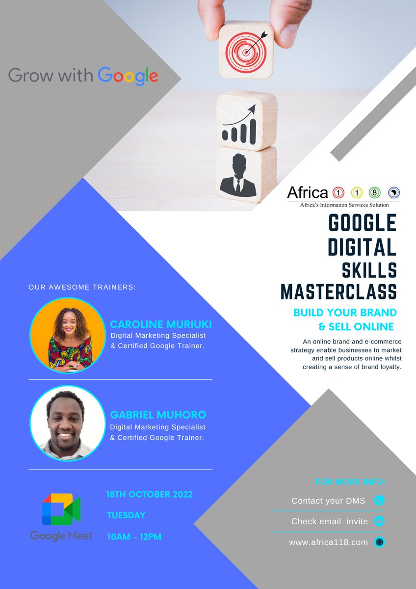 Infomoby_Biz's tweet photo. Free digital skills masterclasses for #businesses! 
Date: 18th Oct. 2022
Time: 10am-12pm E.A.T
Class 1 - https://t.co/tuKkQrnuZg
Trainer - Arlene Ayirah
Class2 - https://t.co/ovUoQnqq43
Trainer - Caroline Gathoni Muriuki and Gabriel Muhoro

#google #digital #africa #training https://t.co/0T973TRKks