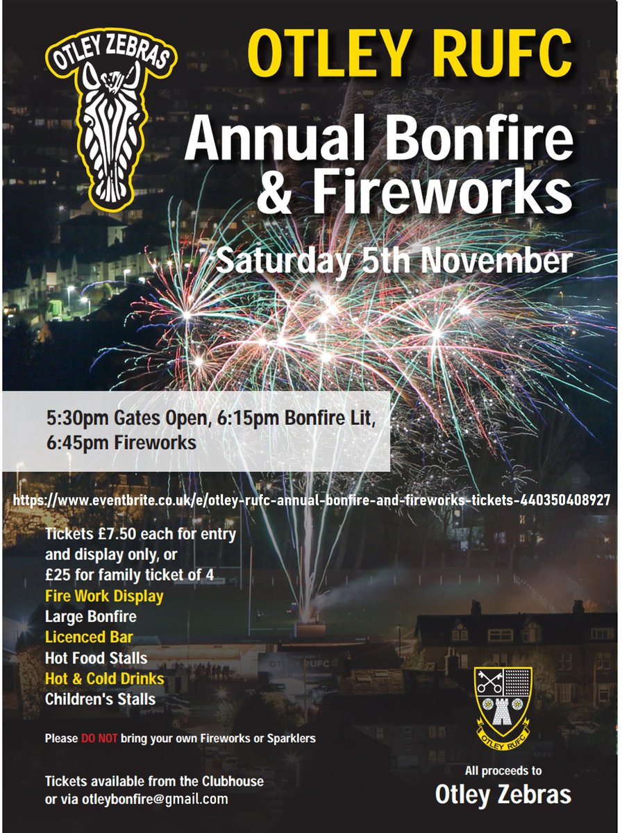Bonfire &amp; firework tickets now available to purchase online - click this link eventbrite.co.uk/e/otley-rufc-a… or alternatively email otleybonfire@gmail.com Get yours before they sell out! 🔥 🚀
