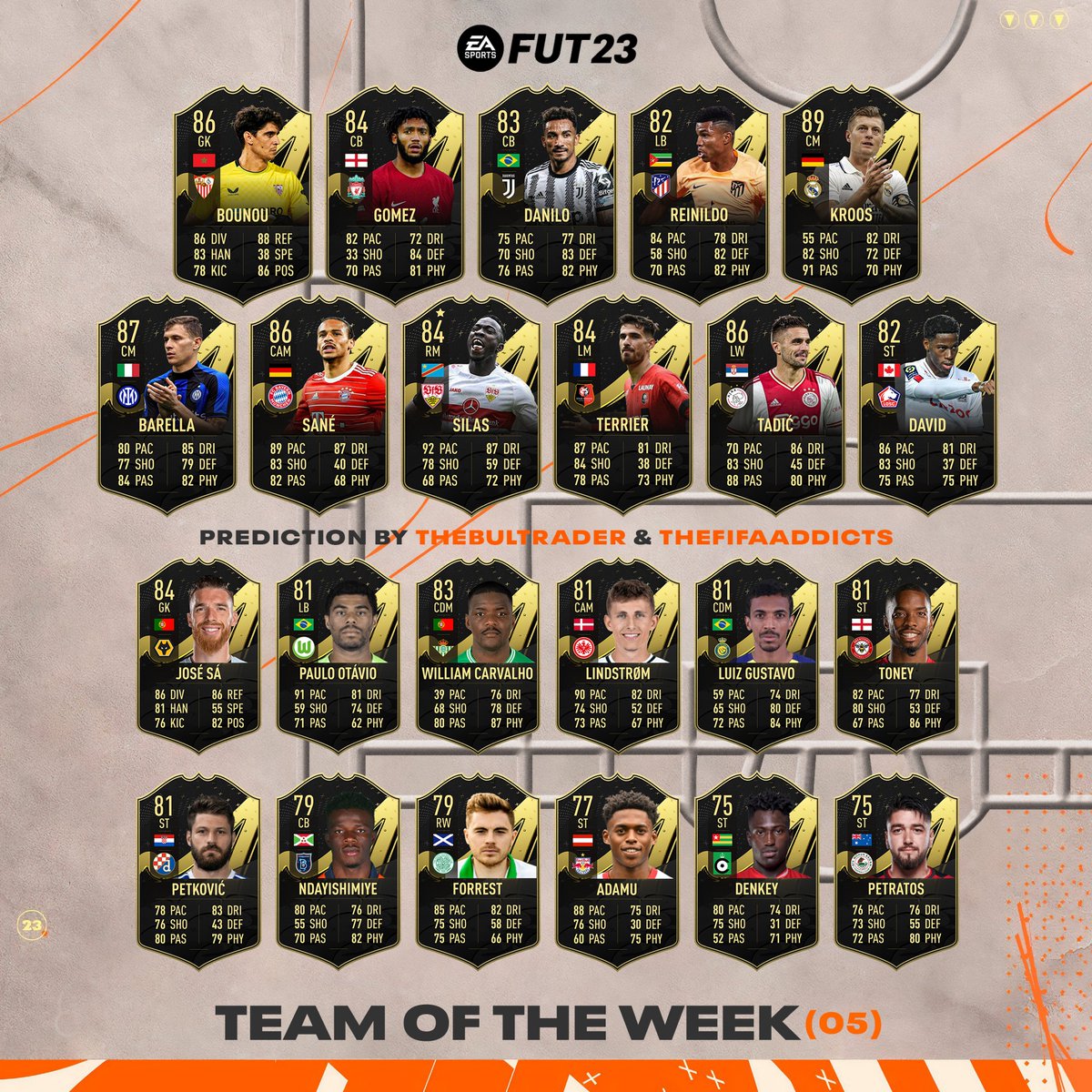 TheBulTrader's tweet image. #TOTW5 prediction featuring 🏴󠁧󠁢󠁥󠁮󠁧󠁿 Gomez, 🇮🇹 Barella and 🇩🇪 Sané.

The new TOTW will be announced at 6 PM UK on Wednesday.

Does anyone here interest you? 🤔

#FIFA #FIFA23 #FUT #FUT23 #TOTW #Rulebreakers #OutOfPosition