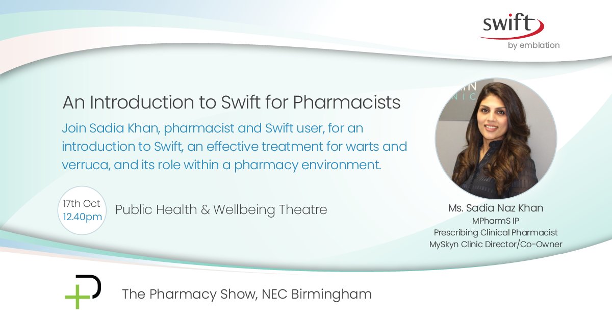 ⭐ The Pharmacy Show Birmingham ⭐

It’s almost time for “An Introduction to Swift for Pharmacists” with pharmacist, Sadia Khan. Join us in the Public Health &amp; Wellbeing Theatre to learn about our effective treatment for warts &amp; verruca, &amp; its role within a pharmacy environment.
