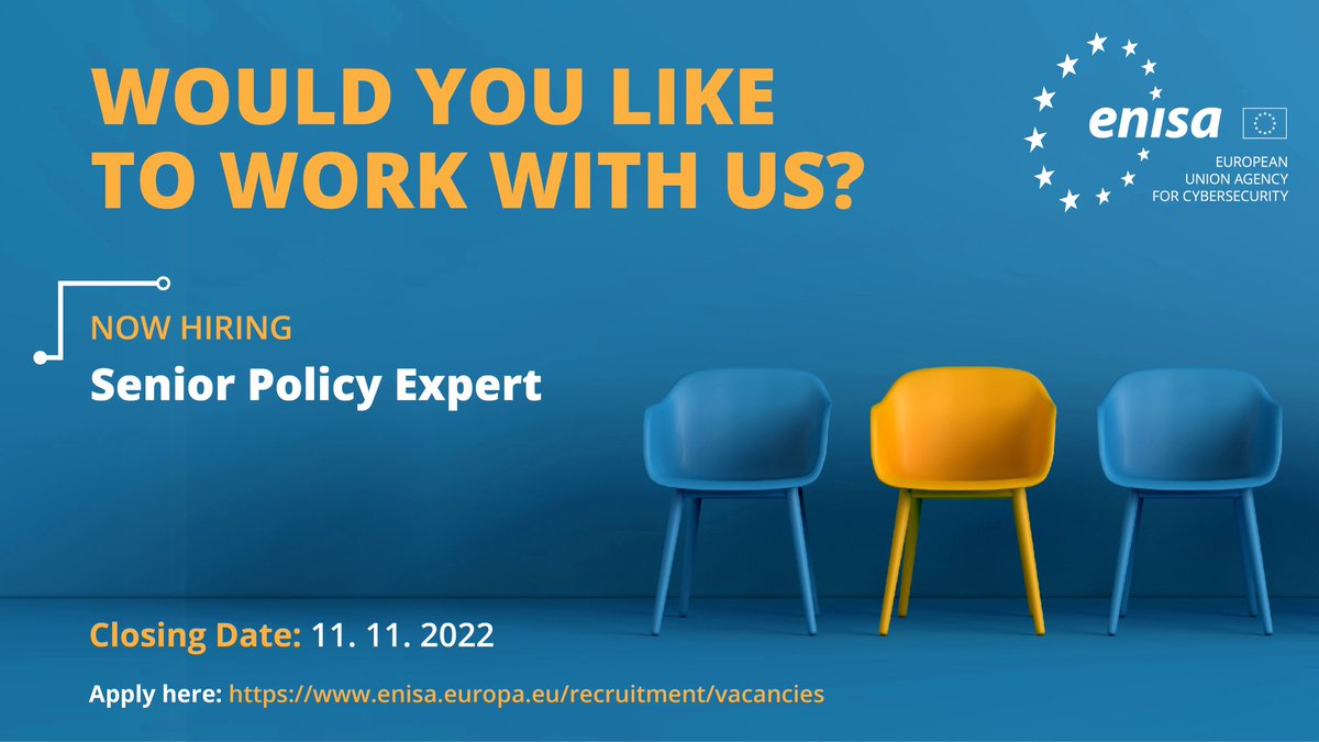 ENISA (@enisa_eu) on Twitter photo We are hiring! 
Do you have experience with #cybersecurity policy and legislative development at EU level? Would you like to lead #ENISA's work in the area of #NISD and upcoming #NISD2 sectors?
Apply by 11/11 👉 enisa.europa.eu/recruitment/va… We are hiring! 
Do you have experience with #cybersecurity policy and legislative development at EU level? Would you like to lead #ENISA's work in the area of #NISD and upcoming #NISD2 sectors?
Apply by 11/11 👉 enisa.europa.eu/recruitment/va…