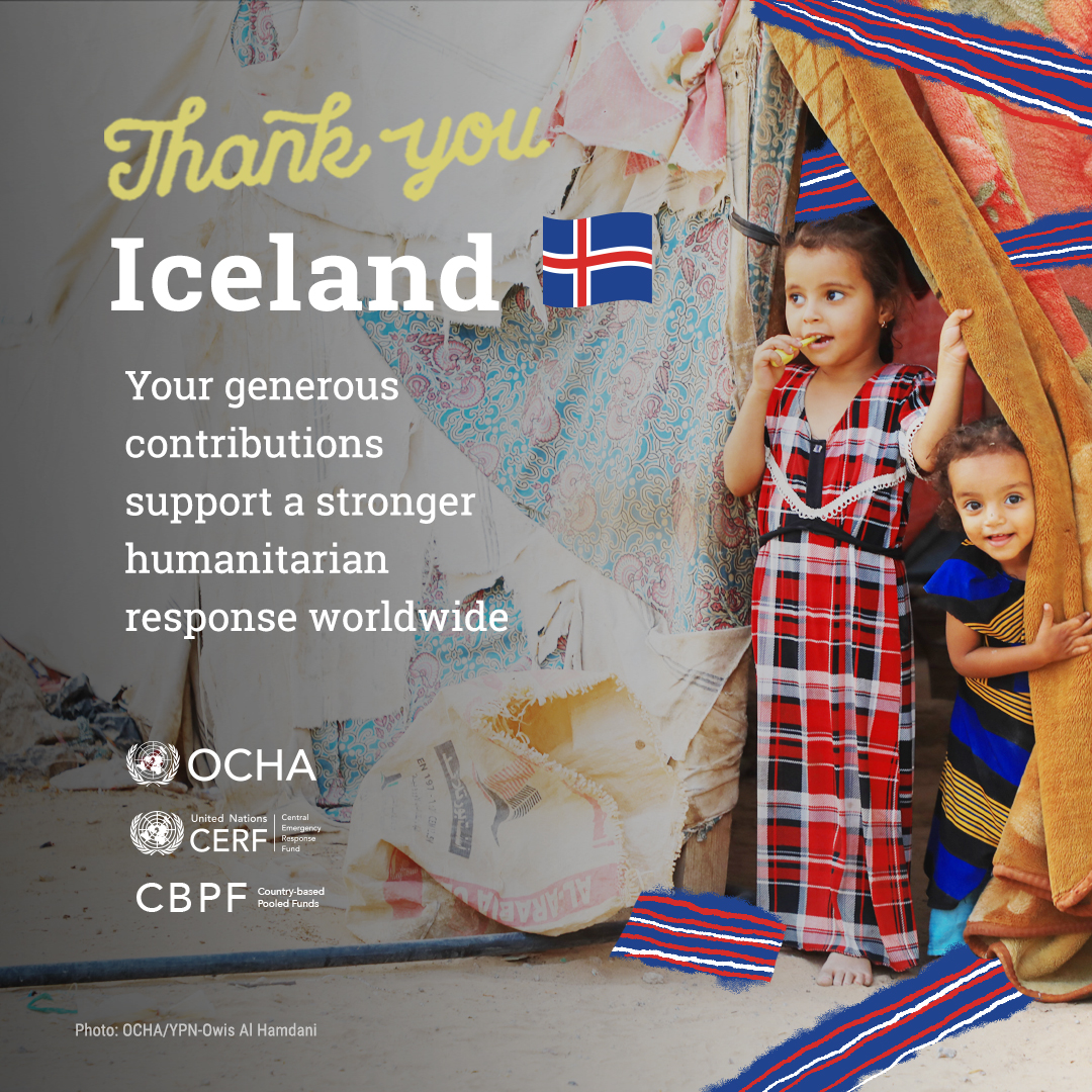 OCHAFunds's tweet photo. 👏#OCHAthanks Iceland👏

Your generous contributions to @UNOCHA, @UNCERF and @CBPFs enables us to reach millions of people affected by humanitarian crises worldwide.

Together, we #InvestInHumanity https://t.co/2wIioBsZGQ
