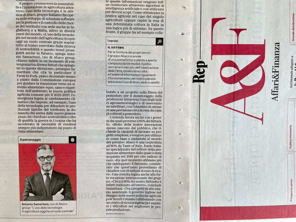 🗞️ Promuovere la #sostenibilità e l’#innovazione in agricoltura attraverso la tecnologia: il nostro CEO Antonio Samaritani racconta la mission di #ABACO su <a href="/repubblica/">Repubblica</a> – A&amp;F, analizzando lo scenario del settore agroalimentare in un momento di grandi cambiamenti.

L'intervista 👇