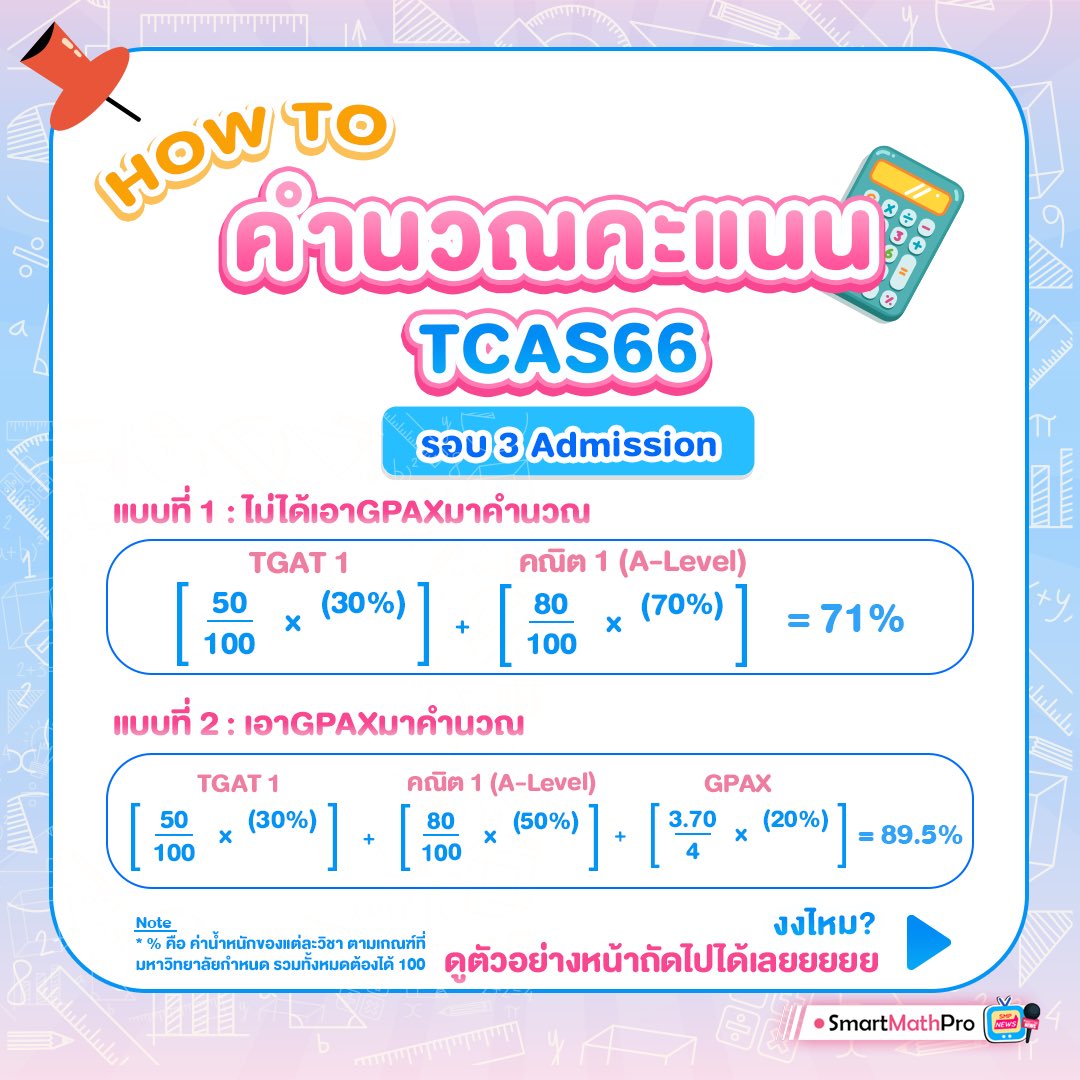 PanSmartMathPro's tweet photo. #Dek66 เกณฑ์รอบ 3 Admission
ประกาศแล้ว❗️
.
เตรียมความพร้อม “คำนวณคะแนน” กัน สำหรับน้องๆที่ต้องการคาดคะเนคะแนนก่อนสอบ มาให้แบบกระชับ เข้าใจง่าย เรียบร้อยแล้ว ไปดูกันเลย
.
อัพเดทเกณฑ์รอบ 3 Admission
ได้ที่👉 https://t.co/McKPQTb5A6
.
#TCAS66 #เด็กซิ่ว66 #SMPNEWS #smartmathpro https://t.co/Vf4arwL5DD