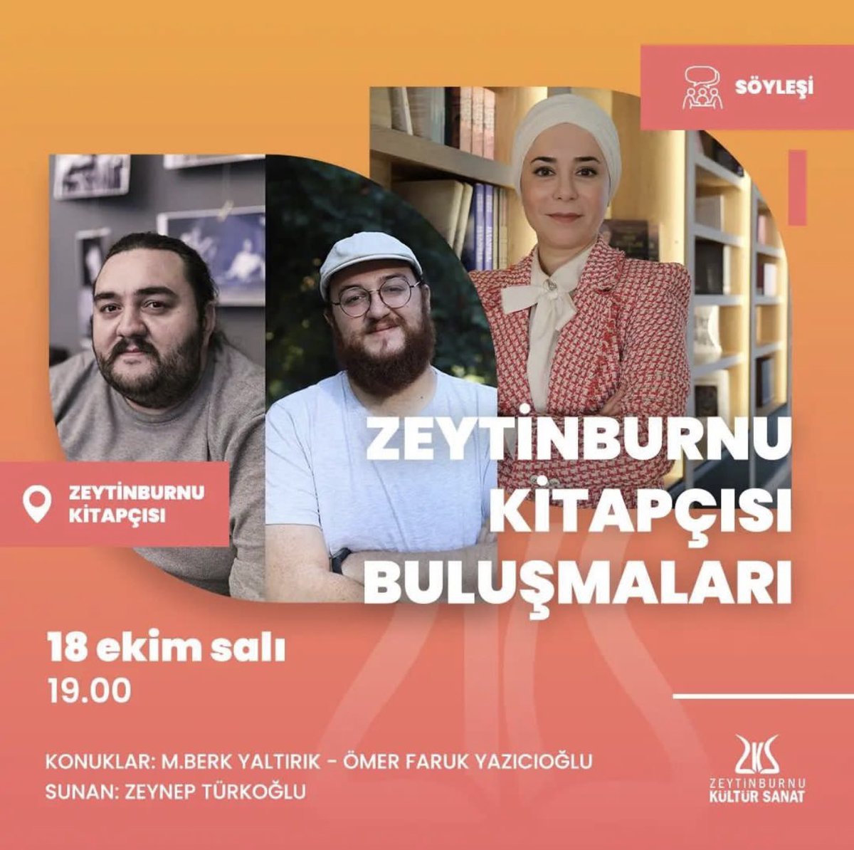 Zeytinburnu Kitapçısı buluşmaları yeni sezon ilk programında Zeynep Türkoğlu'nun konukları M. Berk Yaltırık ve Ömer Faruk Yazıcıoğlu olacak.

Bekliyoruz.🤗

@zeynocanturkoglu @zeytinburnuksm 

🗓 18 Ekim Salı 
⏰ 19.00
📍Zeytinburnu Kitapçısı
📎 zeytinburnukitapcisi.com
