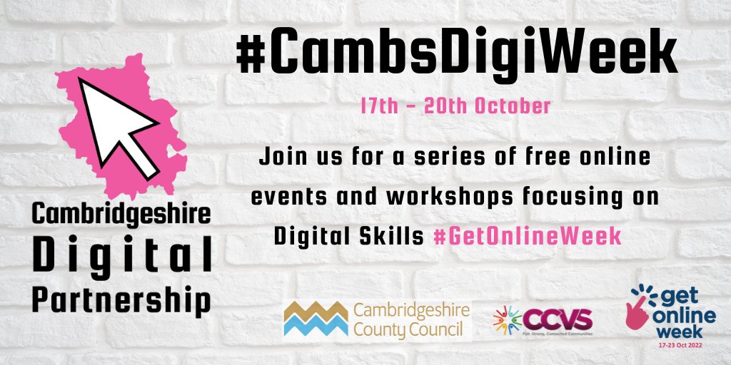 CambridgeOnline's tweet image. Check out @CambsDigi's fantastic free events this week for #CambsDigiWeek! Click the link to book. tinyurl.com/2z4k84tz #GetOnlineWeek