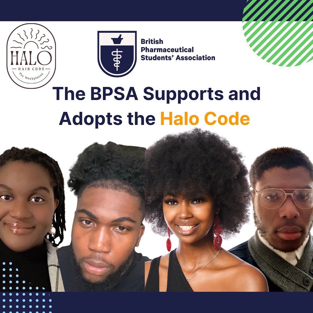 BPSA's tweet photo. In honour of #BlackHistoryMonth ,the BPSA is officially adopting the Halo Code. 

We urge others in the pharmacy world to take part in adopting this pledge and join us in creating a safe space for all of our colleagues to comfortably wear their natural and cultural hairstyles. https://t.co/EiAUn7yLkD