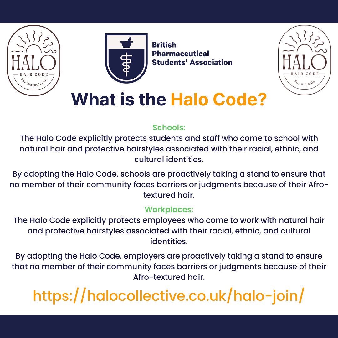 BPSA's tweet photo. In honour of #BlackHistoryMonth ,the BPSA is officially adopting the Halo Code. 

We urge others in the pharmacy world to take part in adopting this pledge and join us in creating a safe space for all of our colleagues to comfortably wear their natural and cultural hairstyles. https://t.co/EiAUn7yLkD