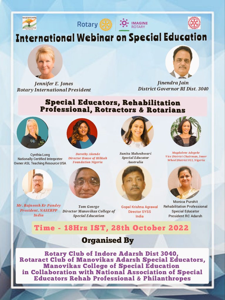 monicapurohit14's tweet photo. @Rotary Jannifer E Jones RI President #SpecialEducation #RehabilitationProfessional #Rotarians #Rotractors #RIDist3040 @monicapurohit14 @gyanendrapurohi https://t.co/uCcbA6UsKk