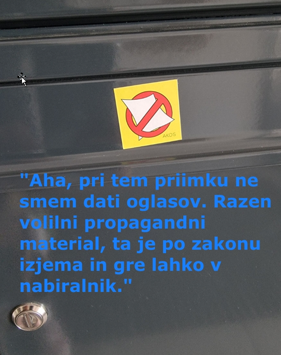 regulator_akos's tweet photo. Če imate #AKOS nalepko na nabiralniku, boste še vedno prejeli volilni propagandni material. Letake strank je zakonodajalec v Zakonu o poštnih storitvah uvrstil med izjeme, ki jih v času volilne kampanje poštarji lahko dostavijo. #regulator #akosnalepka #dostava https://t.co/7usy3HNvOP