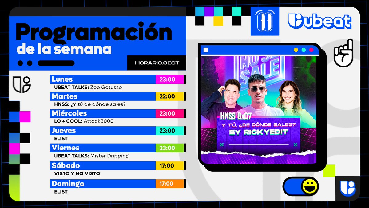 UBEAT's tweet photo. 🗓 Lo más destacado de la semana en la TV:
@HoyNoSeSale con @RickyEdit, #ubeatTalks, #elist y mucho más. ✌
📺 En @MovistarPlus, @OrangeTV_es, @telecable_AS, @euskaltel, @os_de_R y @tvplayer_es
En https://t.co/VAT5M4Qqqt y en la app https://t.co/77xvg5hxBh