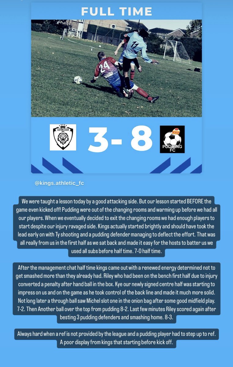 Late post but Results ‼️

Vs Pudding Fc ⚽️

Goals: 
Riley ⚽️⚽️
Michel ⚽️

Man Of The Match: Kye 🏆

We were taught a lesson today by a good attacking side. But our lesson started BEFORE the game even kicked off! 

Check the picture for full match report or our Instagram. 👍🏻