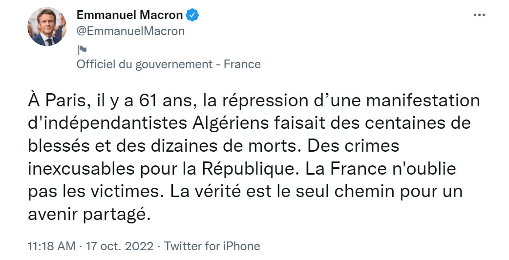 L'hommage d'Emmanuel Macron au FLN quelques heures après la mise-en-examen de 4 Algériens pour le meurtre, la torture et le viol de Lola provoque la colère des internautes
fdesouche.com/2022/10/17/lho…
