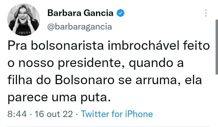 carlos_edufla's tweet photo. Meu Deus!

A que nível chegou o jornalismo militante pró-Lula? 

É esse o respeito que Barbara Gancia tem pelas meninas.

Nunca foi tão fácil escolher um candidato à presidência da República.

✅ 22 Bolsonaro https://t.co/hE12S4Nuyv