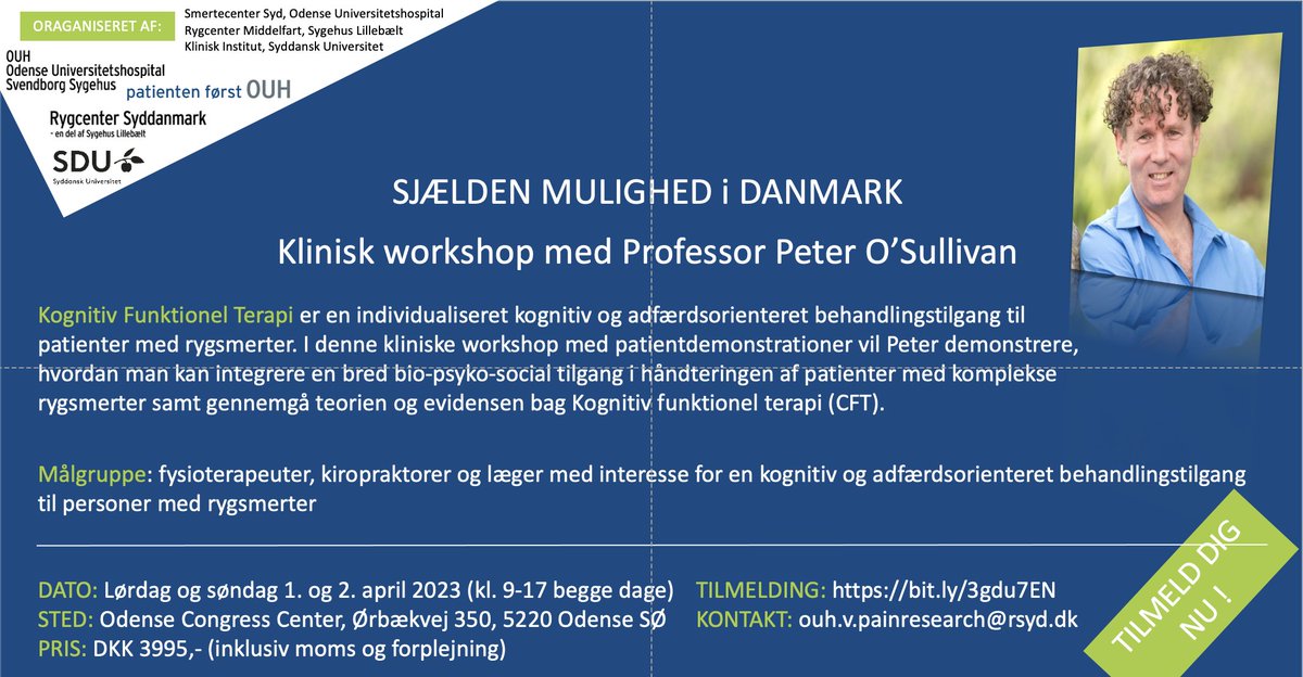 Rare opportunity in DK.
Clinical workshop with Professor Peter O’Sullivan 🌟
Sign up: bit.ly/3gdu7EN
Preliminary program: bit.ly/3D1q5IB
<a href="/PeterThinggaard/">PeteTH</a> <a href="/KasperUssing/">Kasper Ussing</a> <a href="/PeteOSullivanPT/">Peter O'Sullivan</a>
