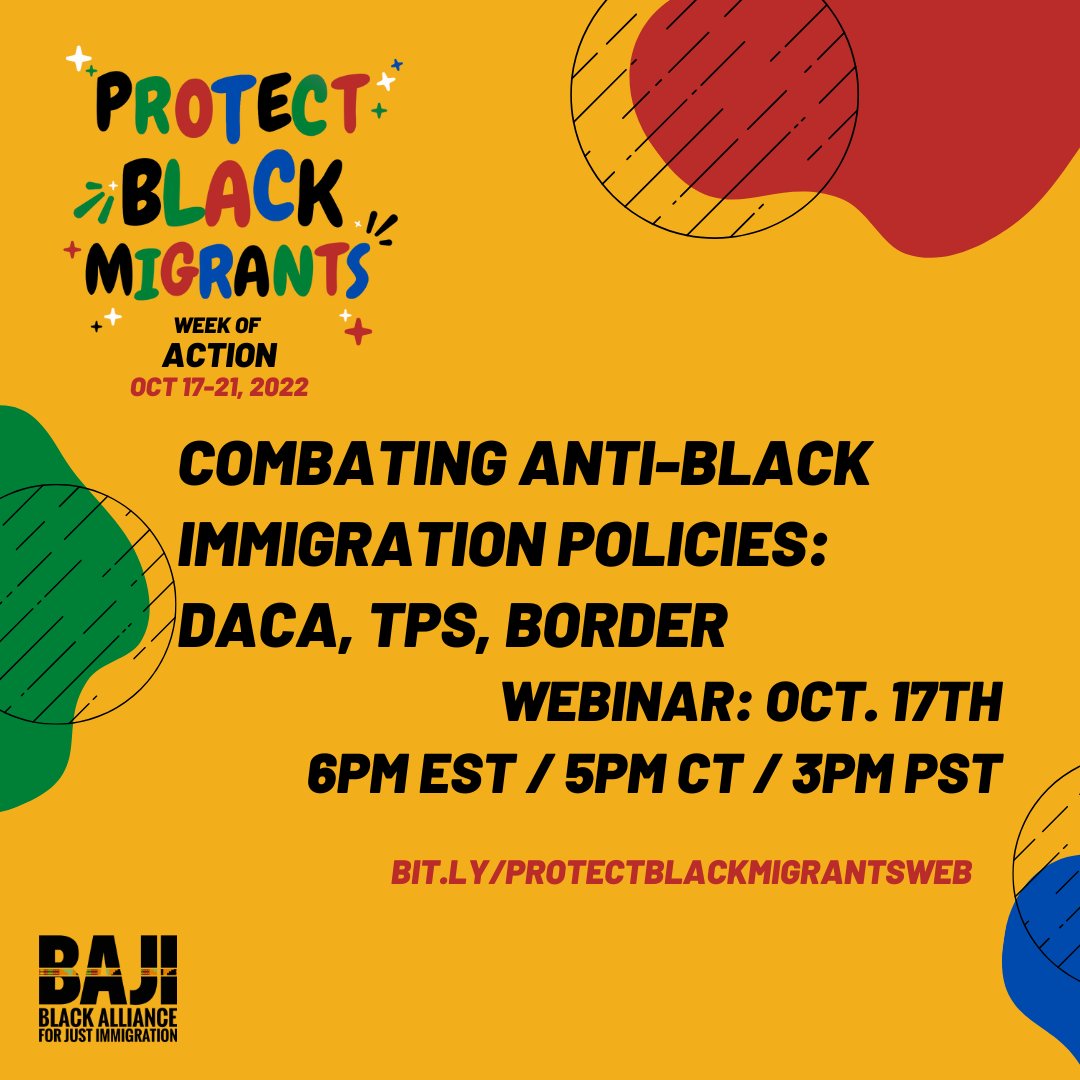 Today <a href="/BAJItweet/">BAJI</a> kicks off our #ProtectBlackMigrants Week of Action with a critical convo on current challenges Black migrants face re US immigration policy: the fate of DACA, racial inequity in TPS designations, &amp; Black asylum-seekers arriving in our cities. Join us!