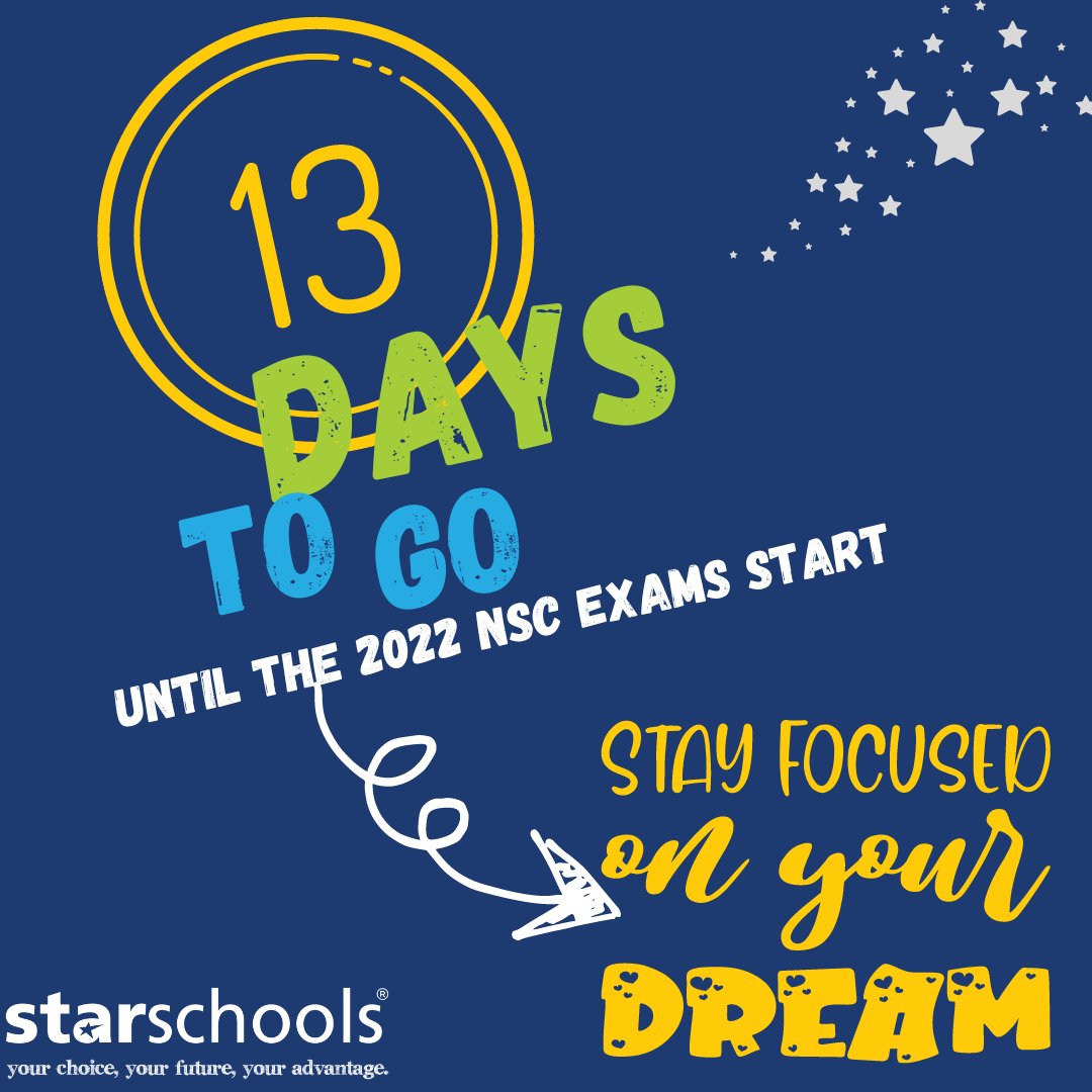 Exam Countdown Begins...13 days to go!!
#Stayfocused #Starschools #Matricrewrite #secondchance #supplementaryeducation #dbe #educationmatters